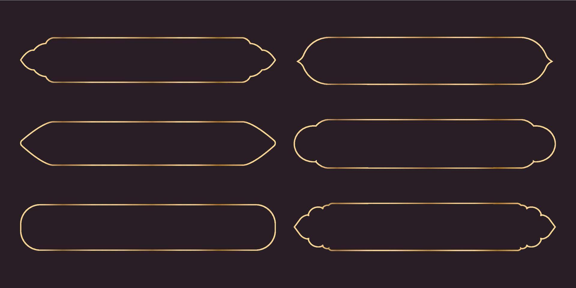 Set long frame thin line gold border shiny panel empty interface fantasy game menu isolated on dark background. Elegant medieval metal design. vector