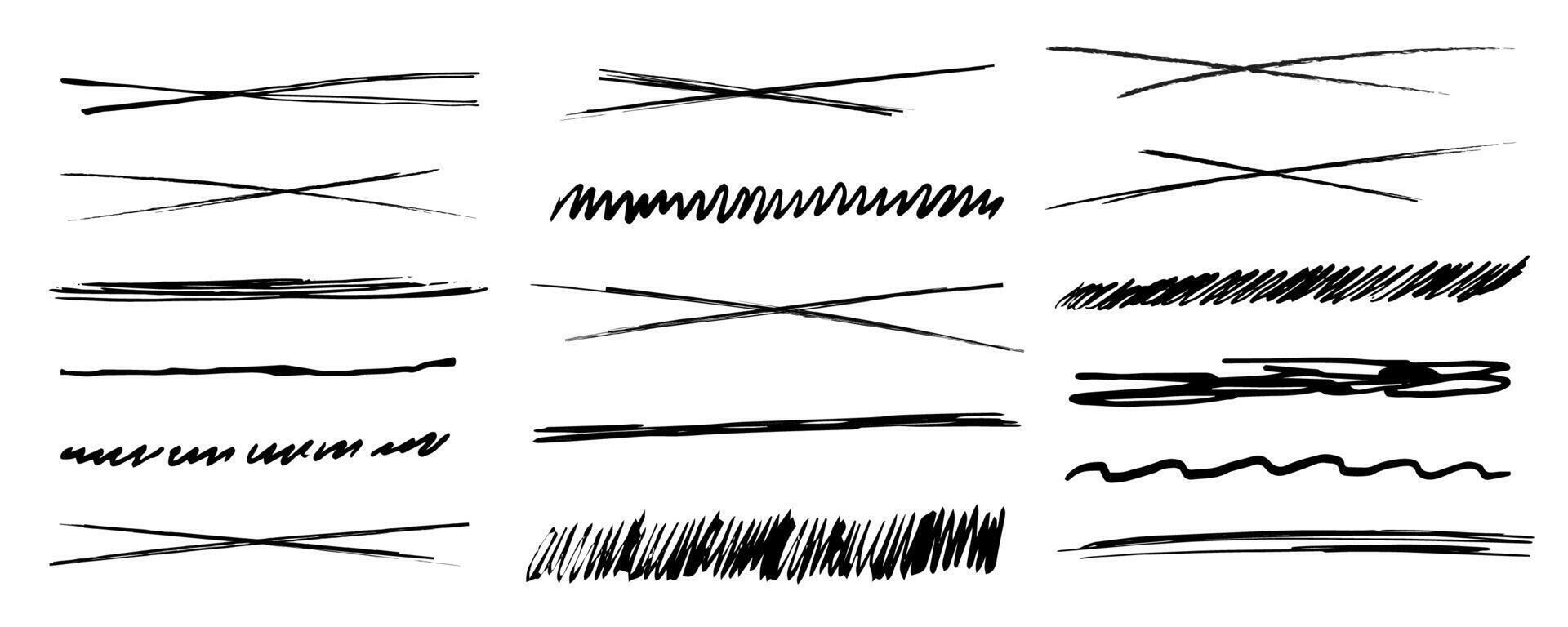 strikethrough underlines, set brush stroke, marker lines grunge curve, wvy free hand marks textured simple borders isolated on white background. Creative collection scribble brush or crayon checks. vector