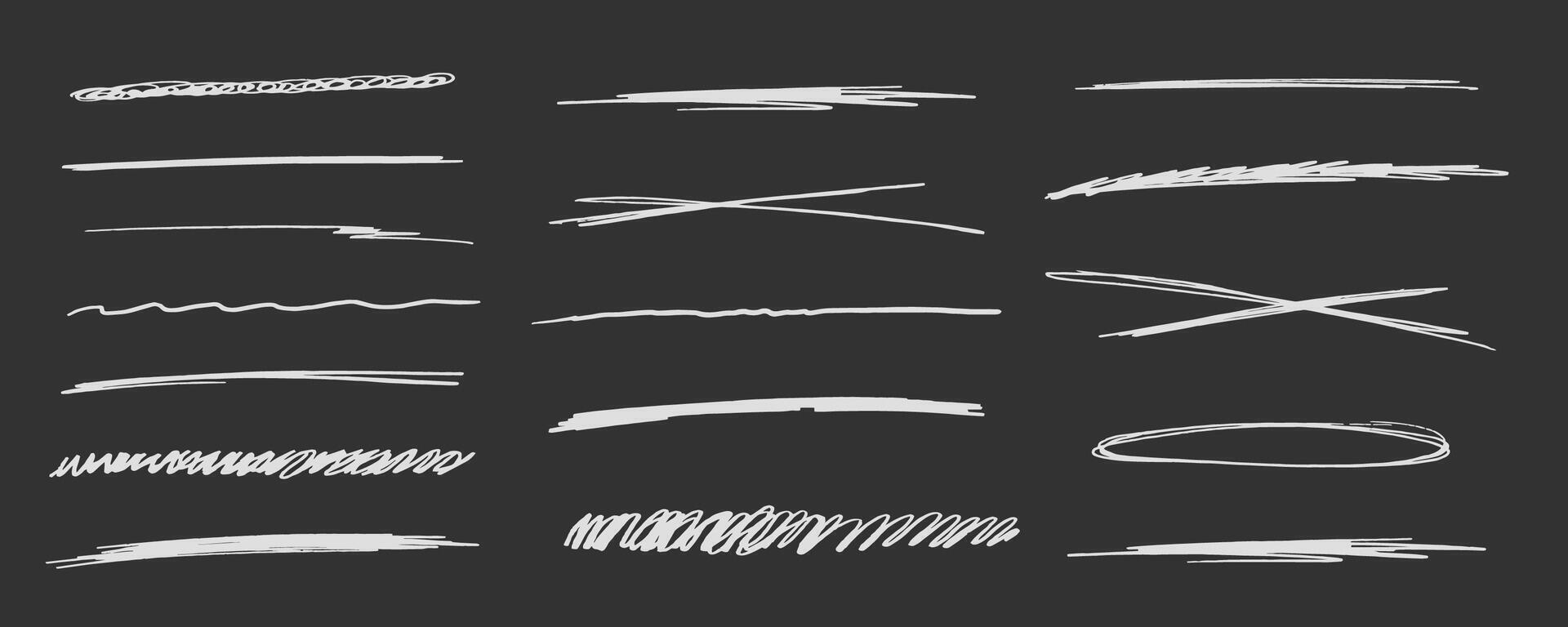 Strikethrough underlines, set chalk stroke, marker lines grunge curve, wvy free hand marks textured simple borders isolated on dark background. Creative collection scribble brush or crayon checks. vector