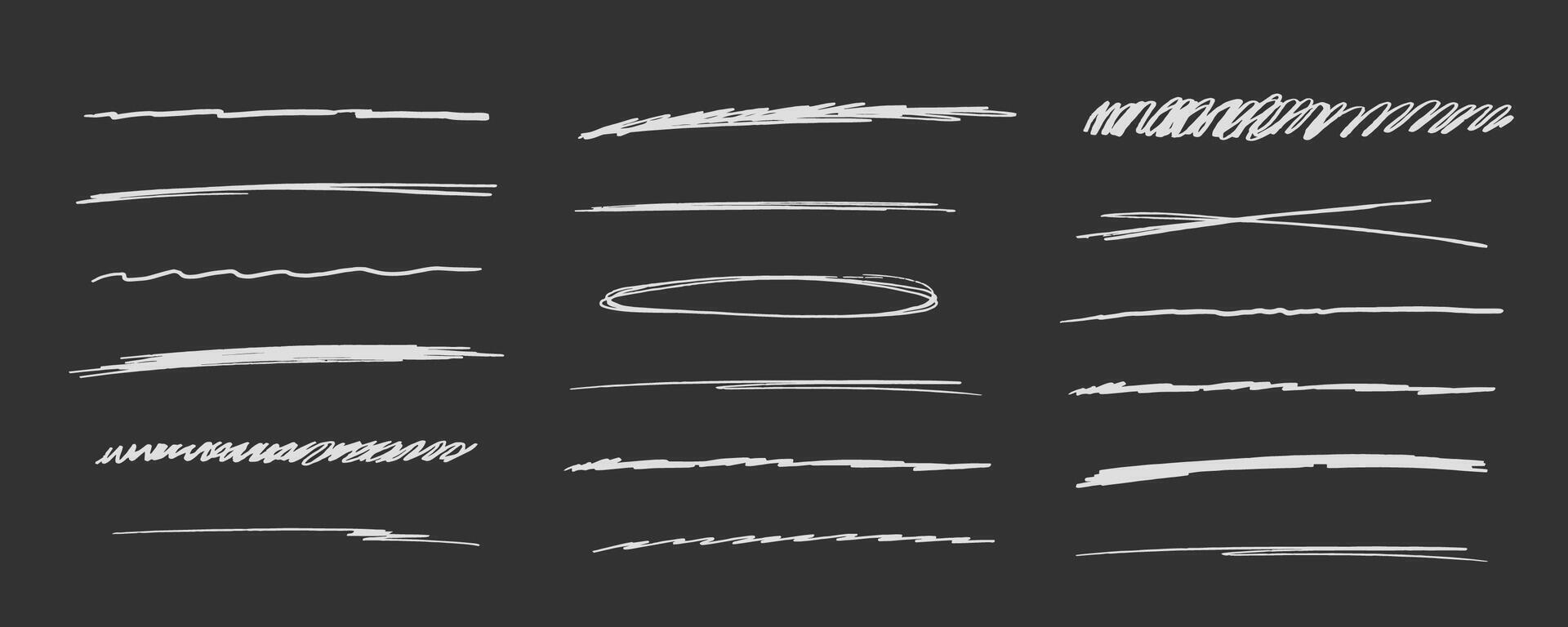Strikethrough underlines, set chalk stroke, marker lines grunge curve, wvy free hand marks textured simple borders isolated on dark background. Creative collection scribble brush or crayon checks. vector