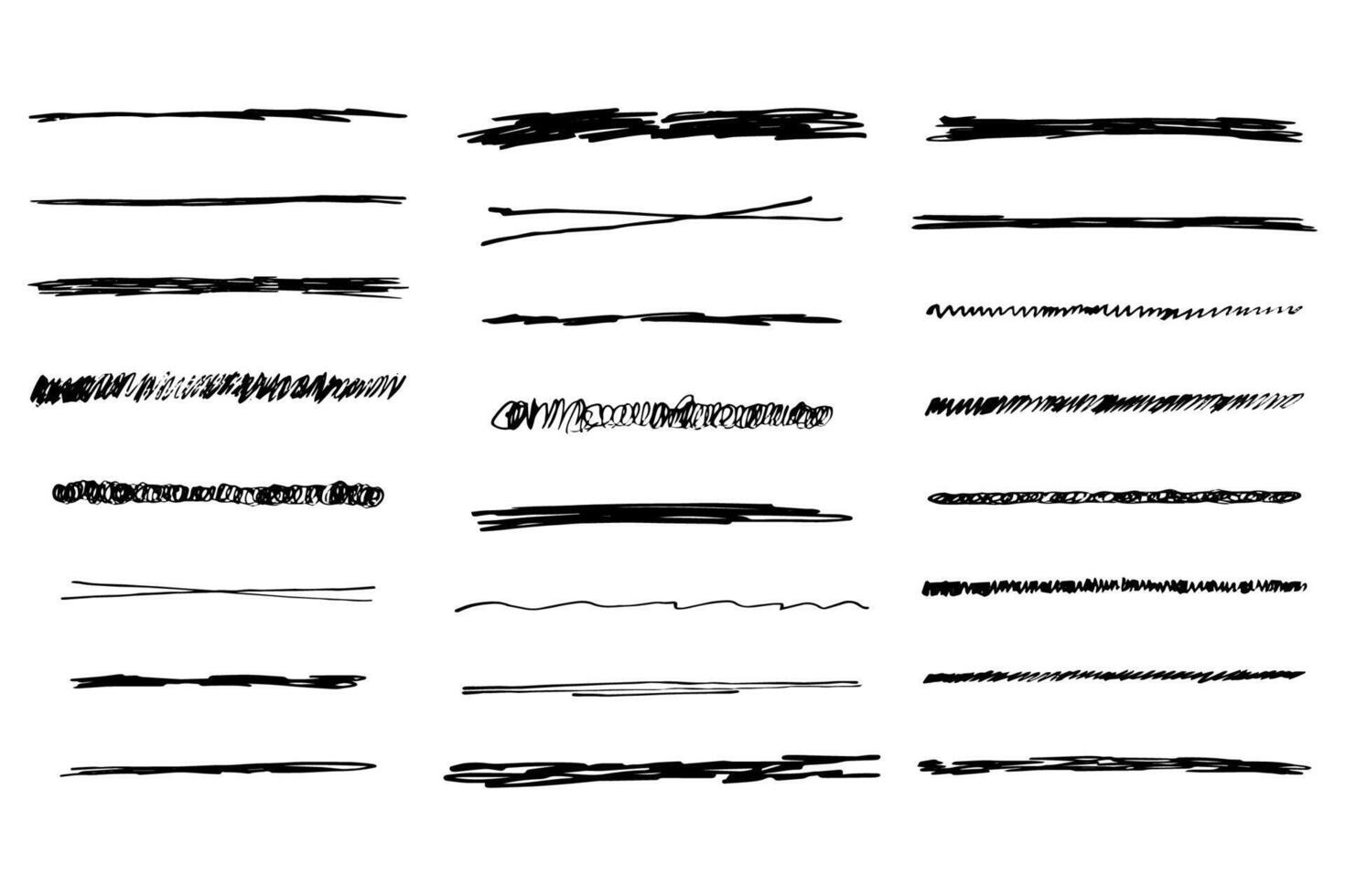 strikethrough underlines, set brush stroke, marker lines grunge curve, wvy free hand marks textured simple borders isolated on white background. Creative collection scribble brush or crayon checks. vector