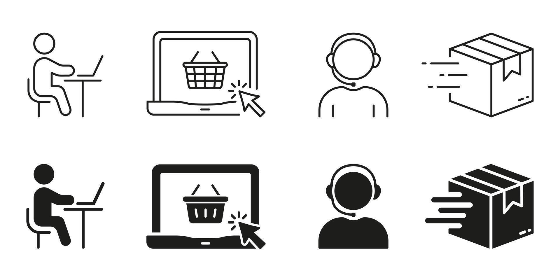 Ecommerce Line and Silhouette Icon Set. Online Store Symbol Collection. Shopping Steps Pictogram. Delivery Service Support Sign. Fast Shipping. Isolated Illustration vector