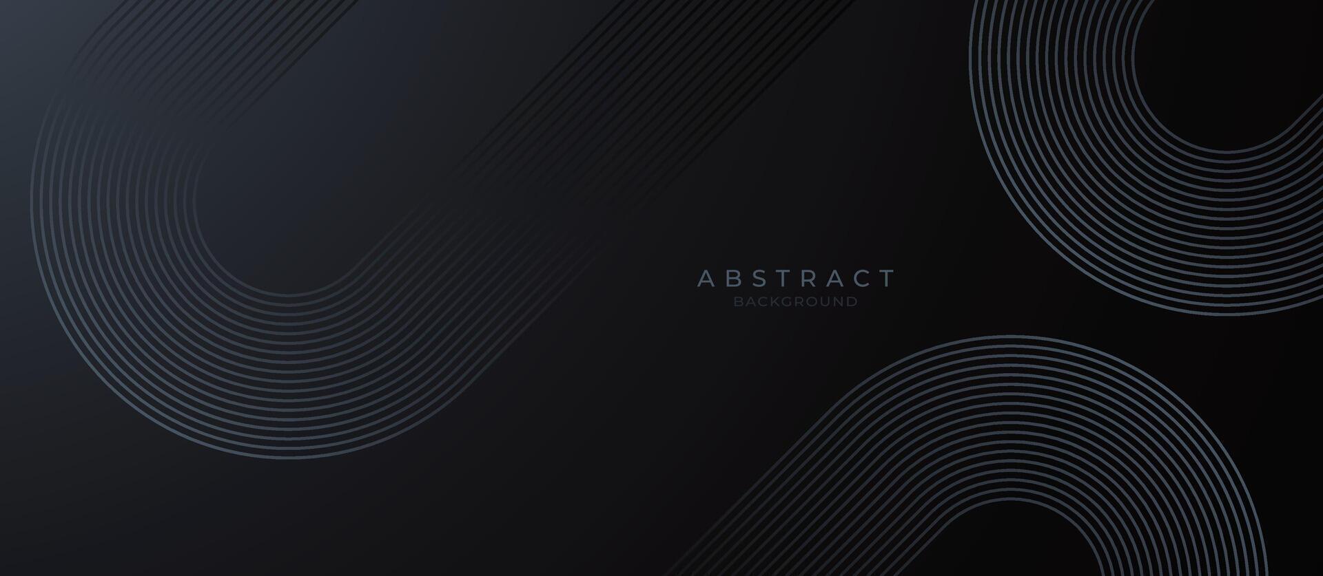 Modern dark black abstract horizontal banner background with glowing geometric lines. Shiny blue diagonal rounded lines pattern. Futuristic concept. Suit for cover, brochure, presentation, flyer, web vector