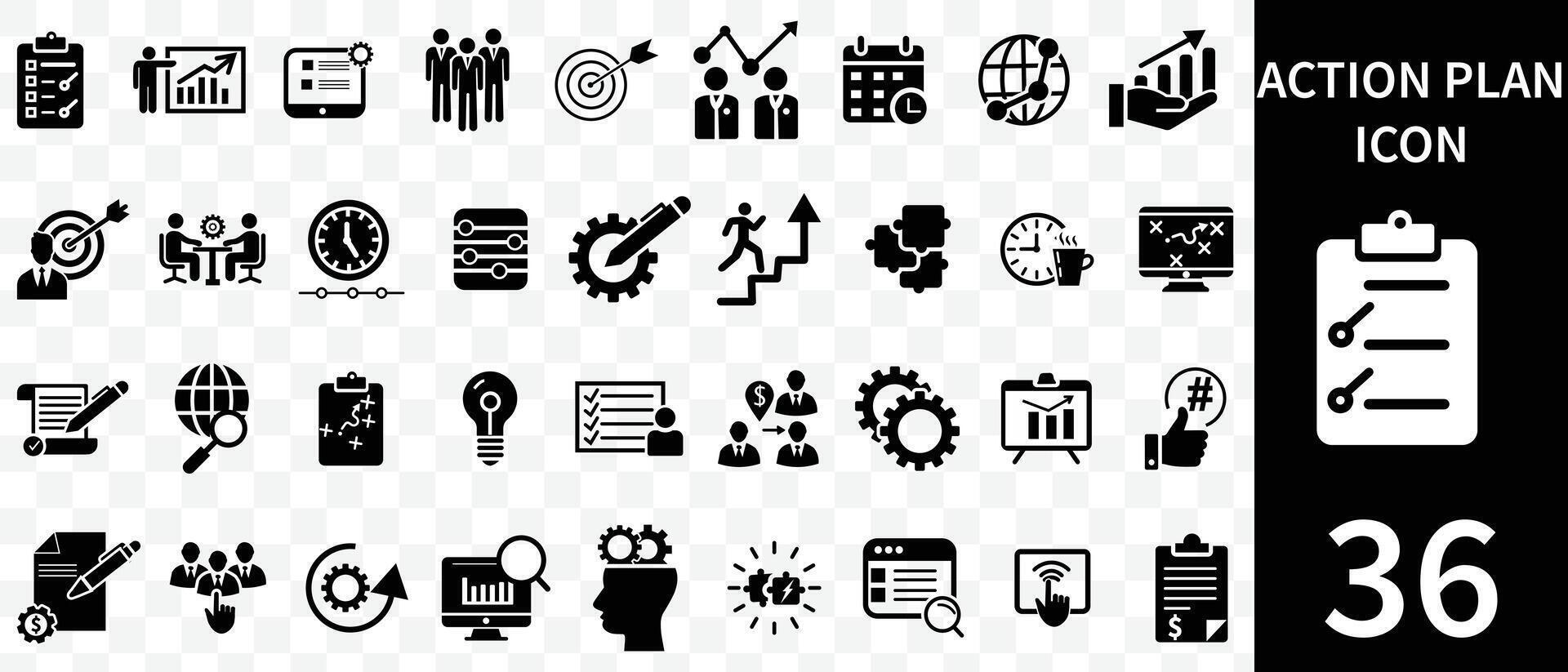 Action plan icon set. Containing planning, schedule, strategy, analysis, tasks, goal, collaboration and objective icons. Solid icon collection. vector