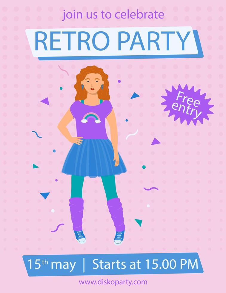A4 poster with a girl in a T-shirt, skirt and leggings in a retro style. vector