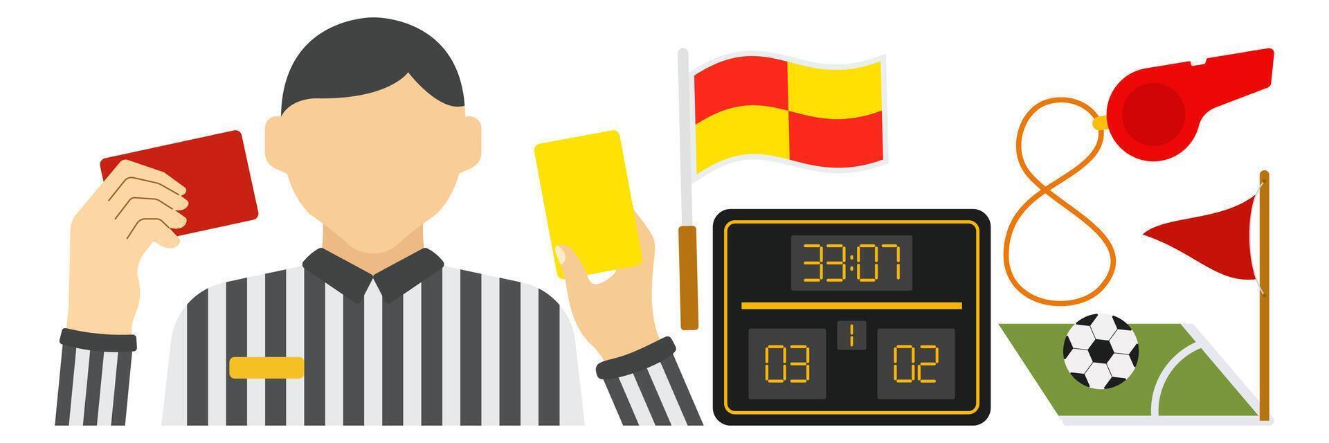 Soccer or football referee championship fan set. Team t-shirt, scarf, whistle, ball, goal, tournament cup, foam hand, trumpet, hat. Competition match attributes flat illustration. vector