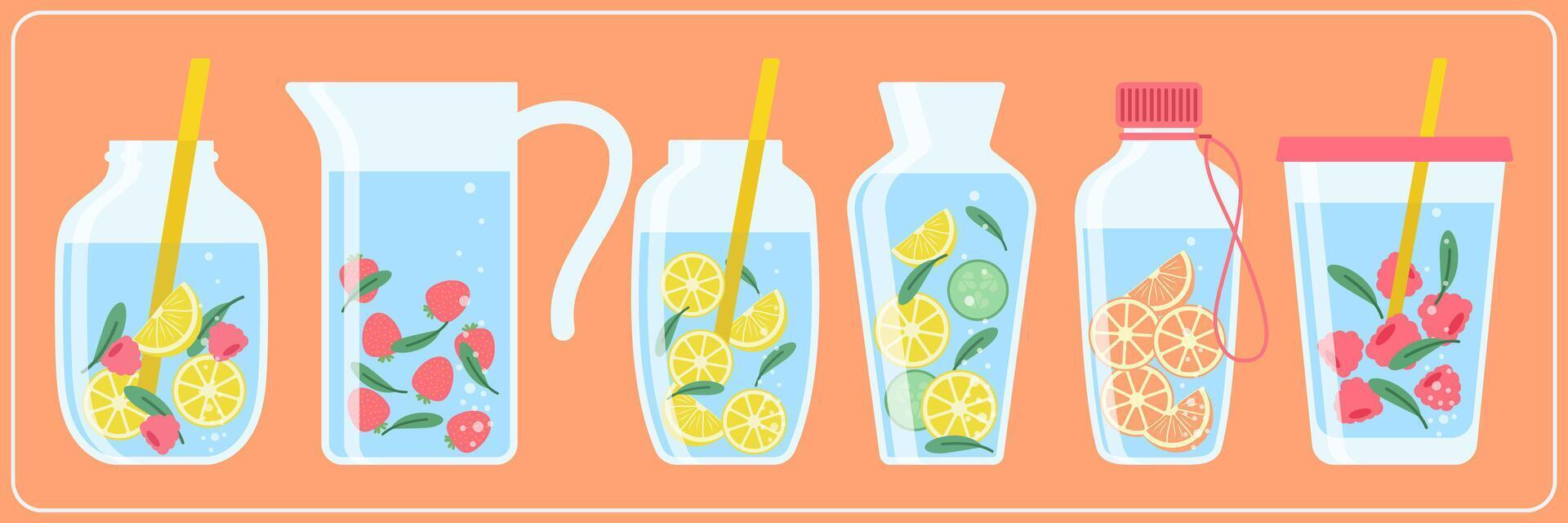 Drink more water, drinking water in a thermos and plastic mug, glass bottle. Set of various bottles, glass, flask in hand drawn style, correct daily habits, morning rituals. Zero waste. vector