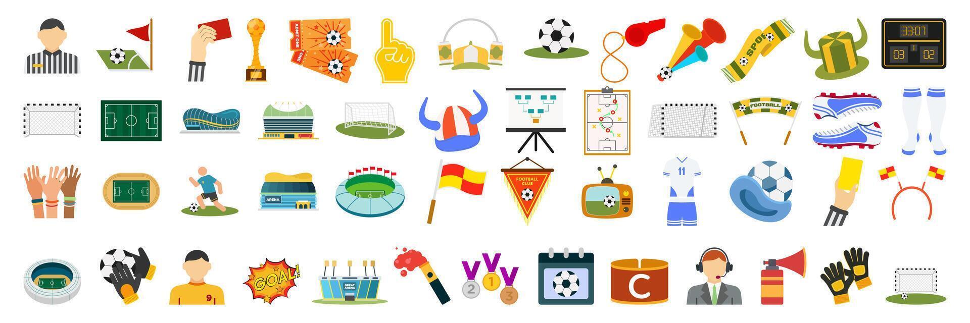 Soccer game sport championship fan set. Football field, team t-shirt, scarf, whistle, ball, goal, tournament cup, foam hand, trumpet, hat. Competition match attributes flat illustration. vector