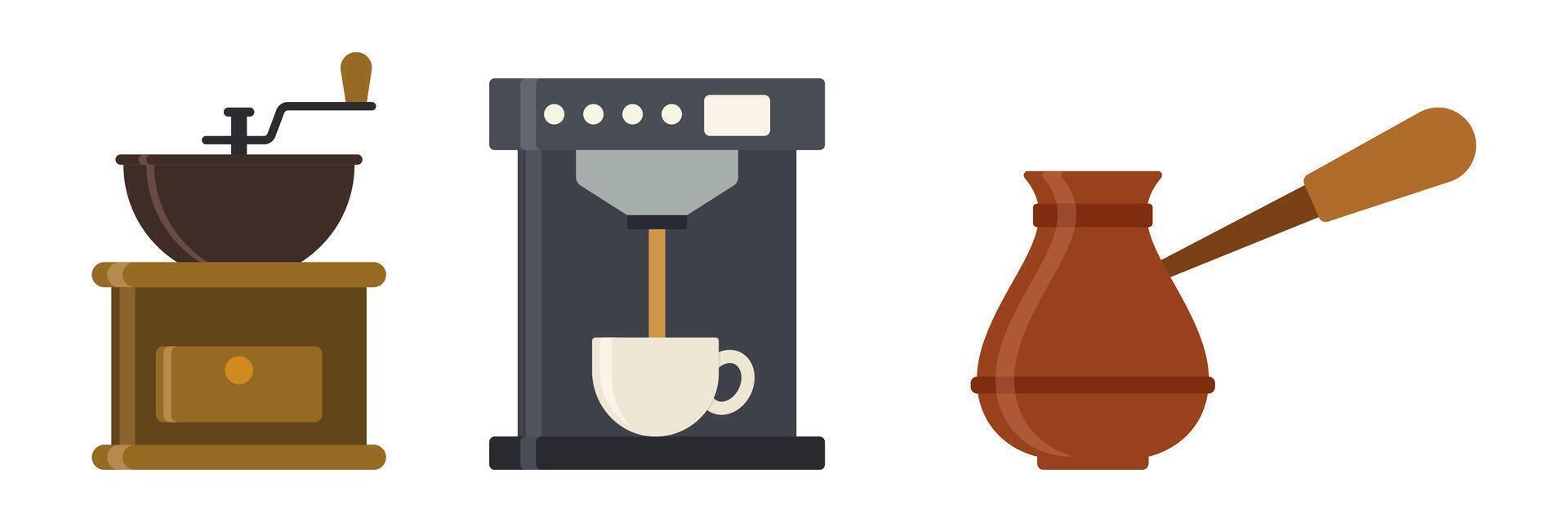 Prepare coffee. Hot and cold coffee set. Espresso, americano cup, cappuccino and latte in paper mug, iced macchiato in glass. Flat illustrations isolated on white background. vector
