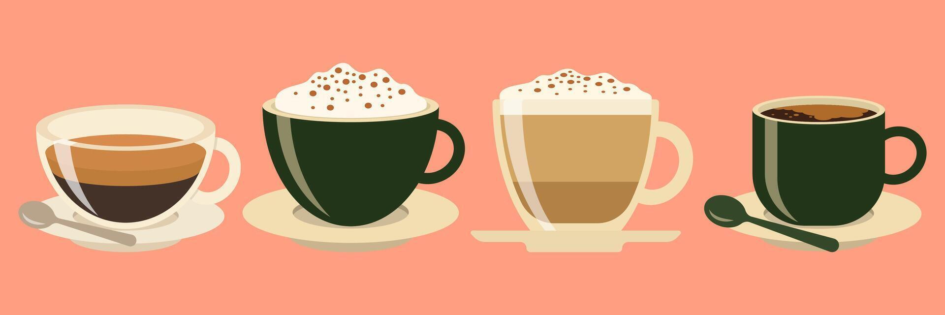 Hot and cold coffee beverage. Different types of drinks set. Espresso, americano cup, cappuccino and latte in paper mug, iced macchiato in glass. Flat illustrations isolated on white background vector