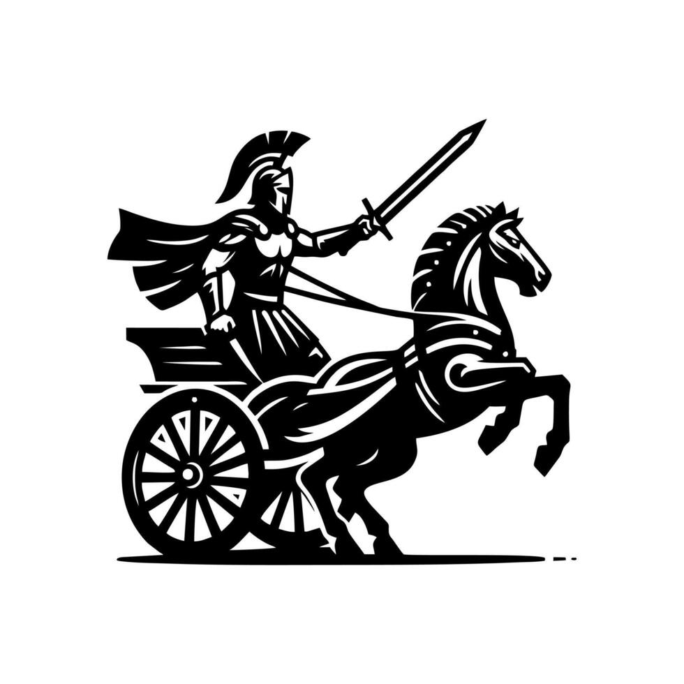 gladiator in chariot logo roman gladiator in wheel cart riding horses. vector
