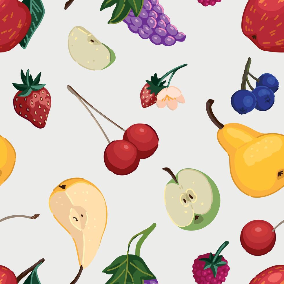 Summer season fruits and berries seamless pattern. Ornament of apples, pears, cherries, strawberries, grapes, blueberries. vector