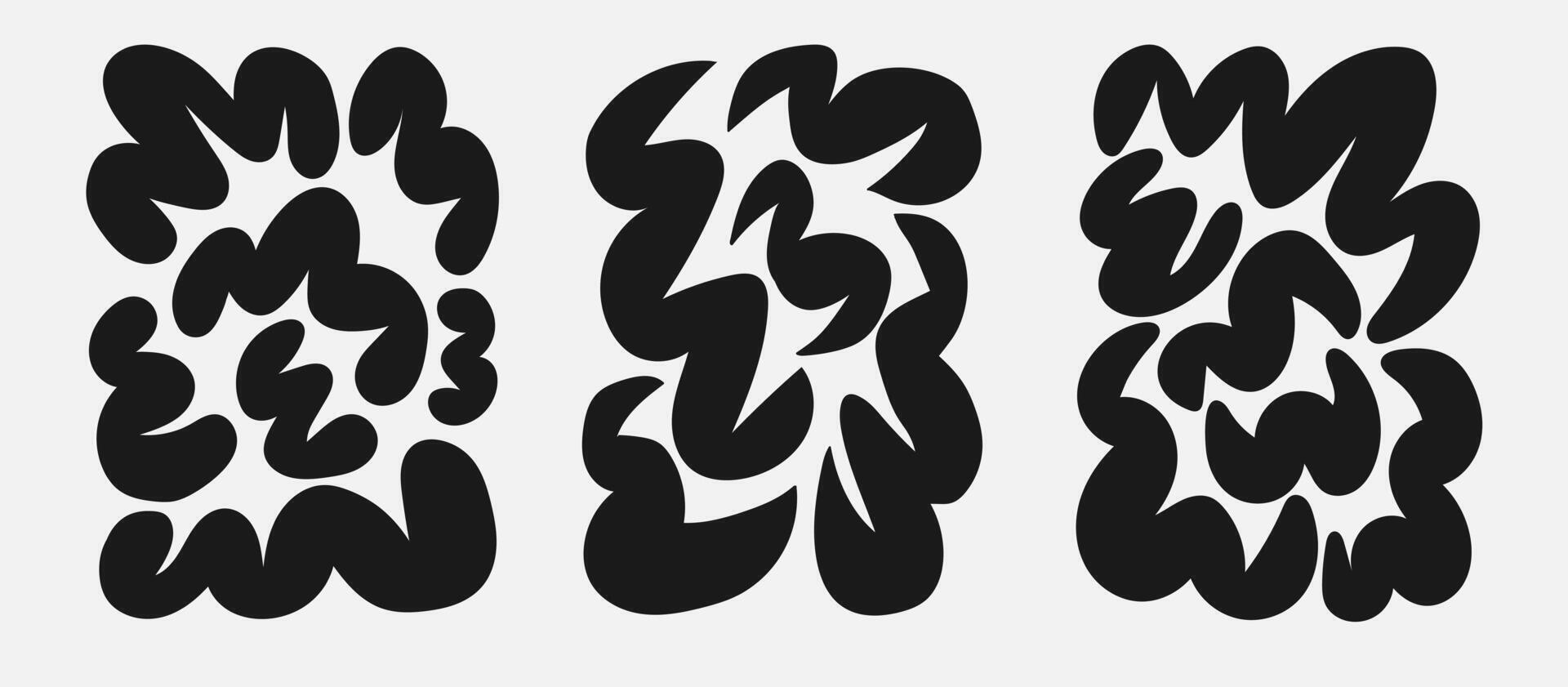 Set of groovy strange liquid shape. Curvy abstract organic blob. Modern flower background y2k. Set of black poster. vector