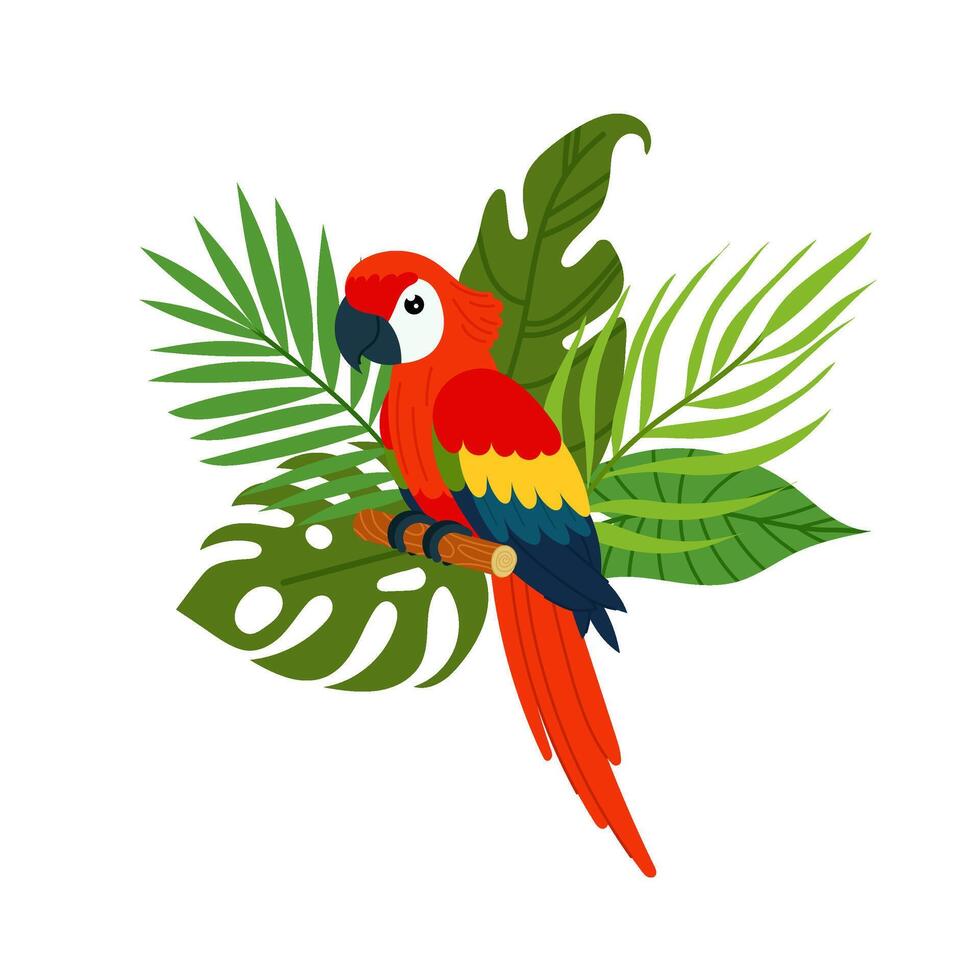 A tropical forest. Composition of tropical plants and tropical bird. Parrot on a background of tropical branches in a flat style. vector