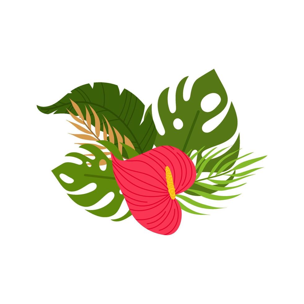 Composition of tropical plants in flat style. Decorative tropical bouquet. Summer plants. vector