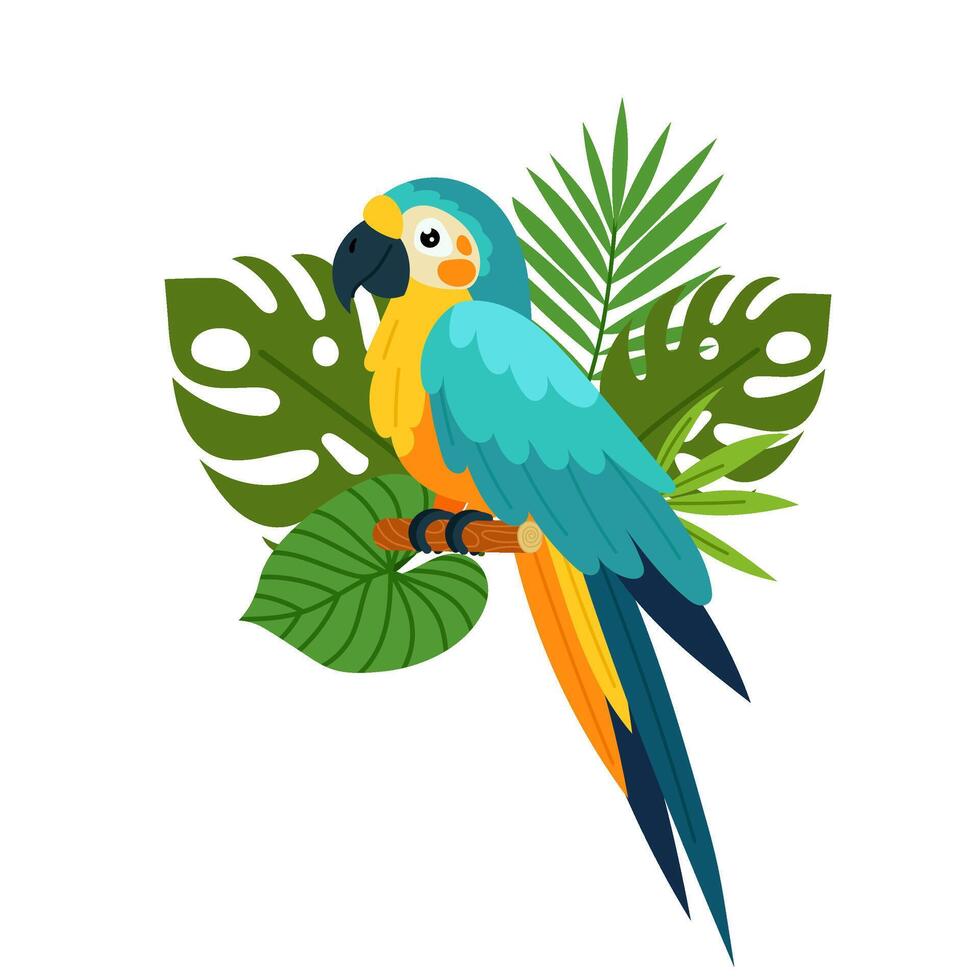 Blue parrot on a background of tropical plants in a flat style. Composition of tropical plants and tropical birds. Monstera leaves, palm branch. vector