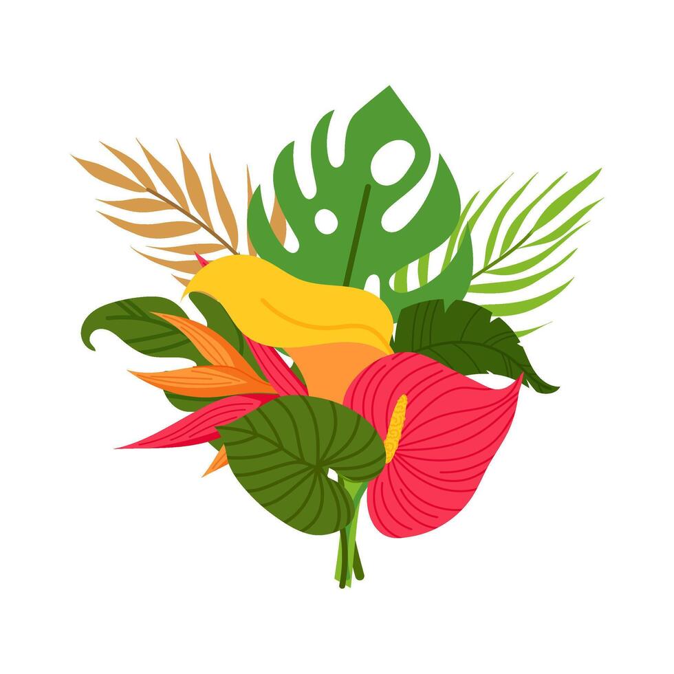 Composition of tropical leaves and flowers in flat style. Decorative tropical bouquet. Summer plants. vector