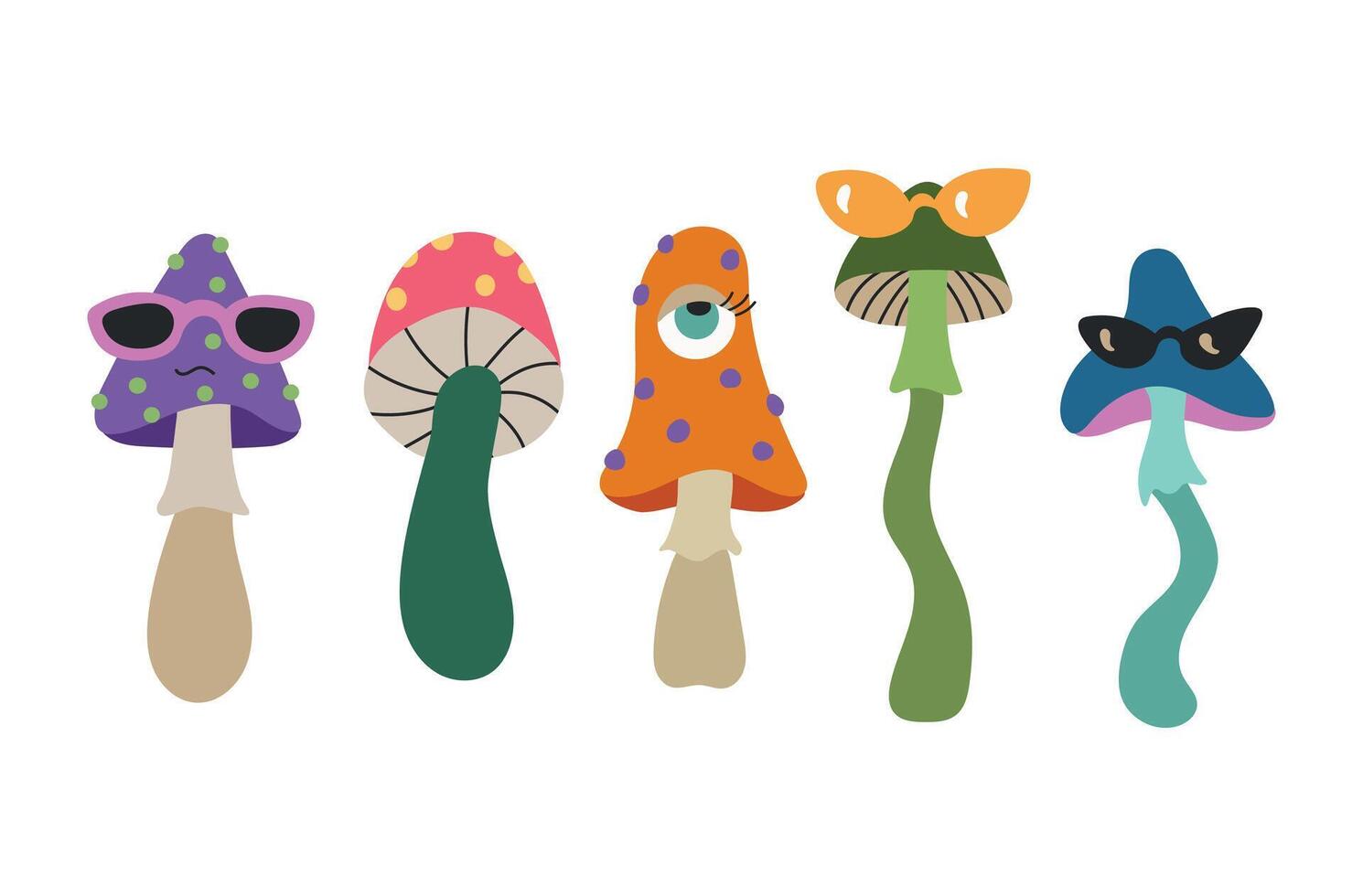 Set of groovy hippie psychedelic mushrooms fungus in 60s 70s style. Vibrant groovy and funky fungus. Vintage retro collection. vector