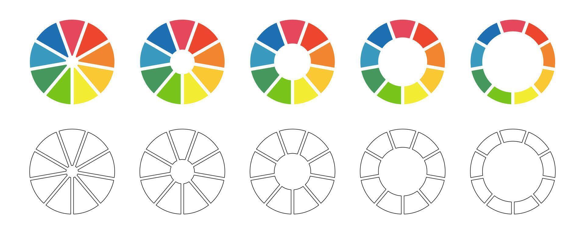 Donut charts set, pies segmented on 9 equal parts. Diagrams infographic multicolored collection. Wheels divided in nine sections. Circle section graph. Pie chart round icons. Loading bar. vector