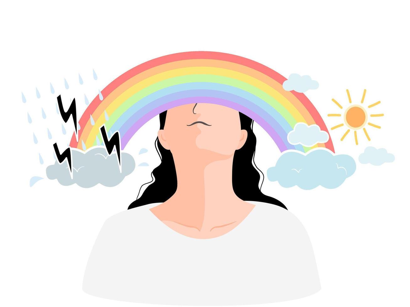 A woman with the rainbow between storm cloud and shiny cloud, mental health concept. vector