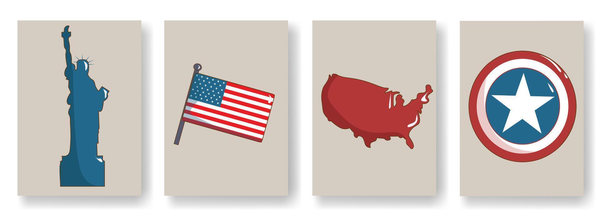 Bundling of statue of Liberty, flag, American continent, fireworks, and Captain America's shield illustration, on the Independence Day. It can be used for wrapping paper, gift wrapping, textiles, etc. vector