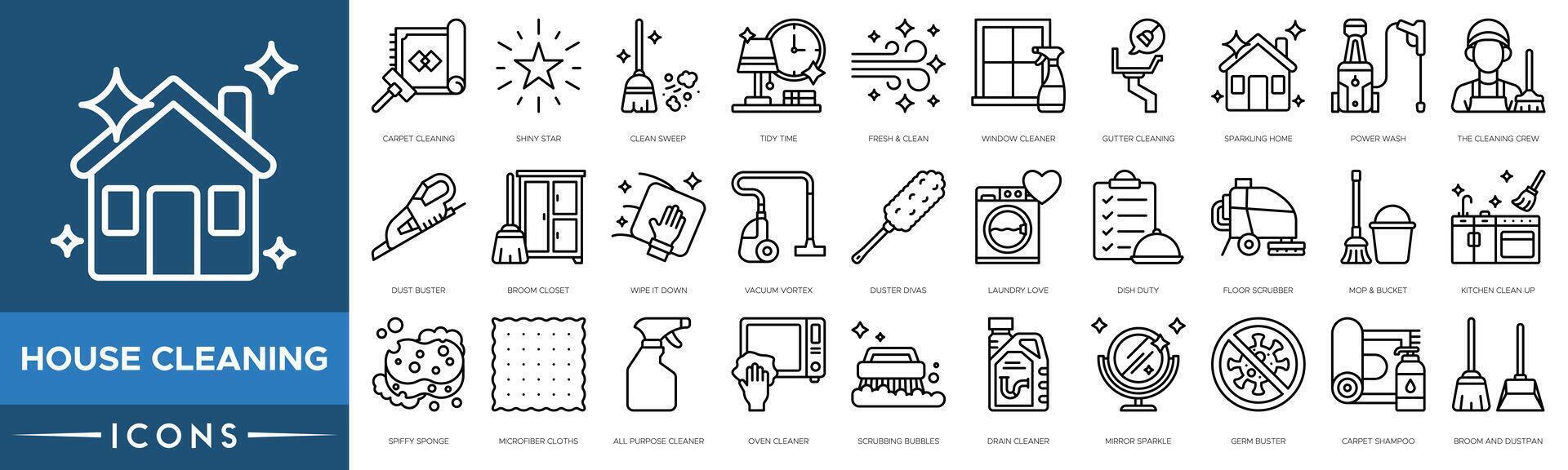 House Cleaning icon. Carpet Cleaning, Shiny Star, Clean Sweep, Tidy Time ,Fresh and Clean, Window Cleaner and Gutter Cleaning vector
