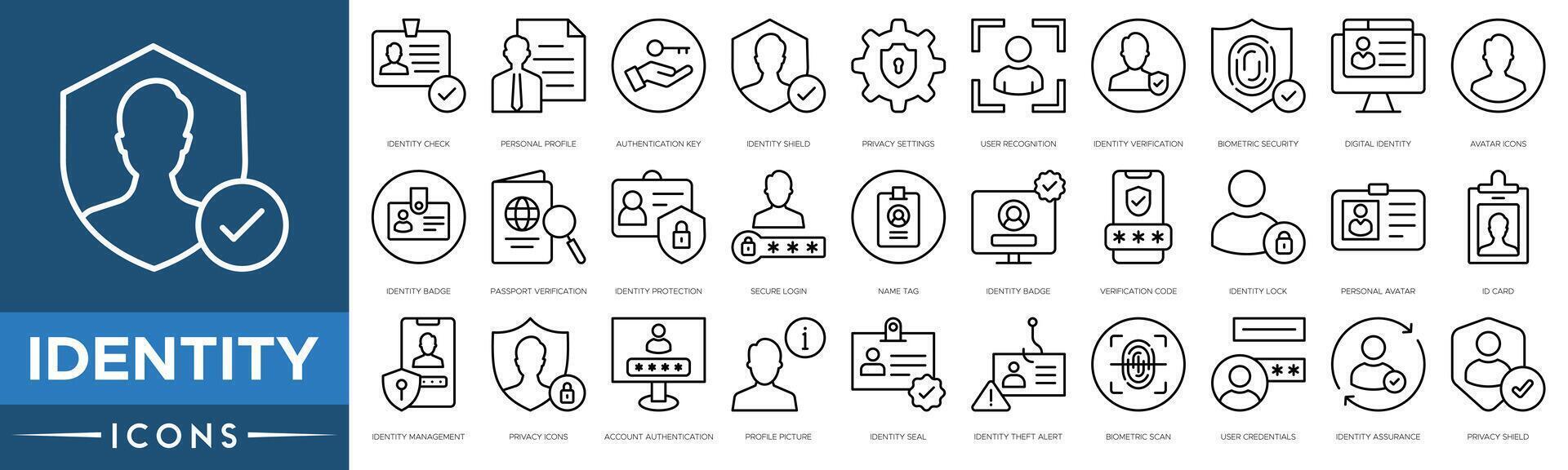 Identity icon. Identity Check, Personal Profile, Authentication Key, Identity Shield, Privacy Settings, User Recognition, Identity Verification, Biometric Security and Digital Identity vector