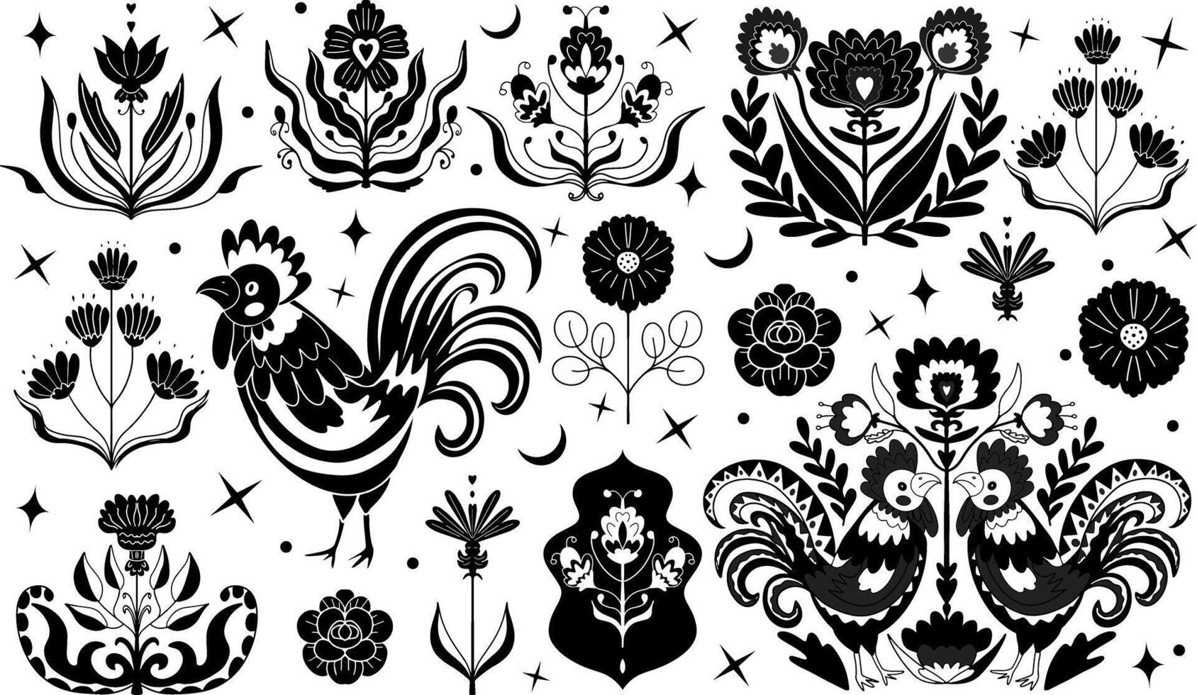 black and white linocut inc folk set. Flower, roosters. Folk art, linocut style. Vintage decorative ornament elements for your design. hand draw illustration. vector