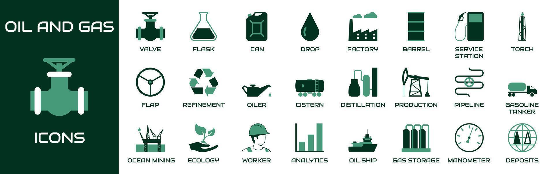 Oil and gas icon set. Collection contains valve, flask, can, drop, factory, barrel, service station, torch, flap, refinement, oiler, cistern, distillation and other icons. vector