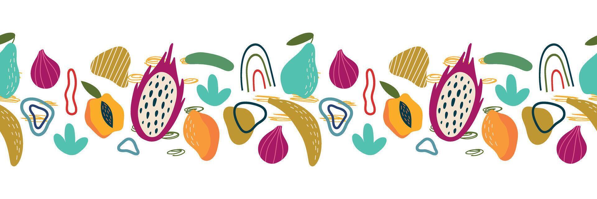 Summer fruit seamless border. Pitaya, banana, mango, fig, peach, pear and abstract elements. Isolated illustration for your design. vector