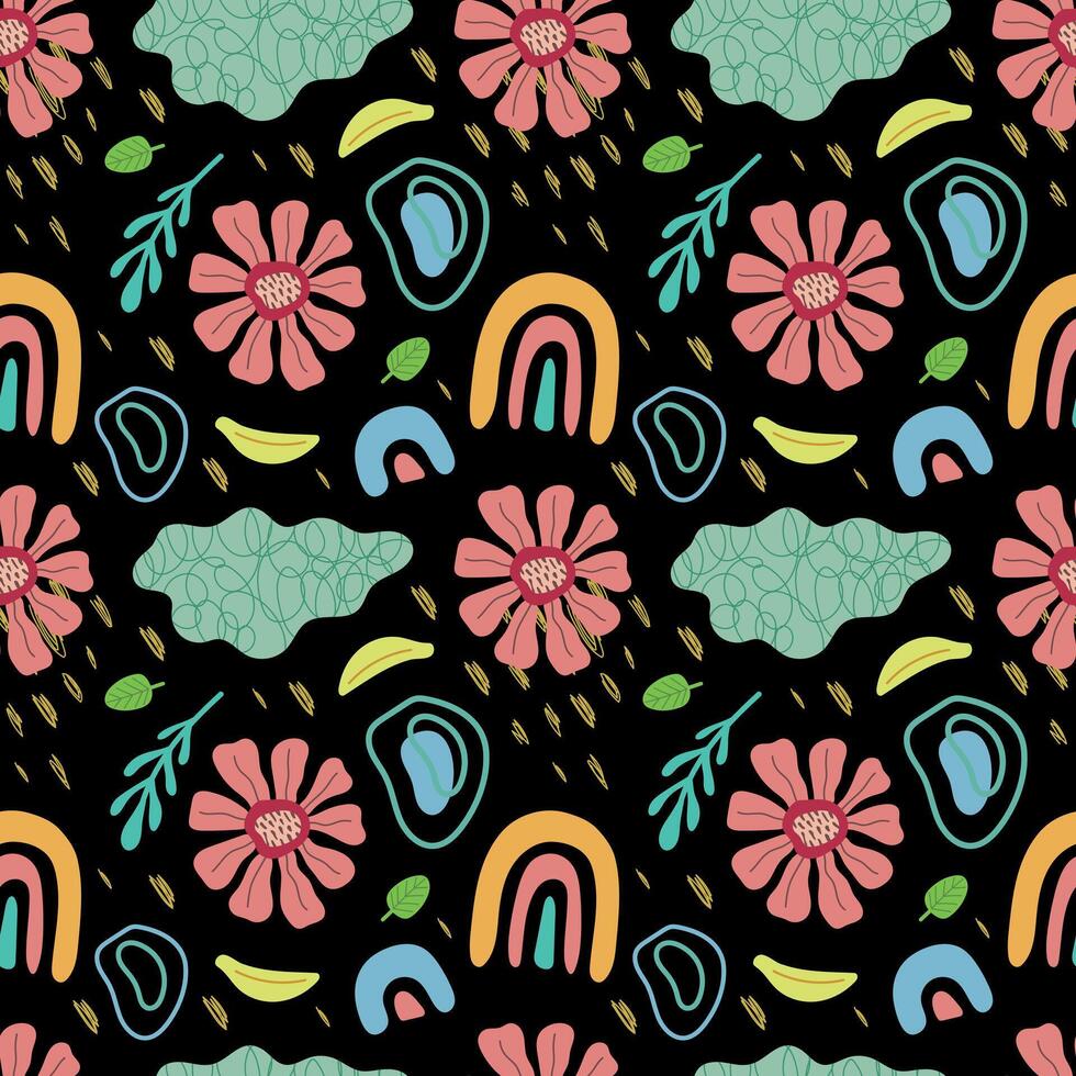 Floral trippy seamless pattern. Flowers, plants and abstract elements on a black background. . For cover, case, fabric, wrapping paper, packaging vector
