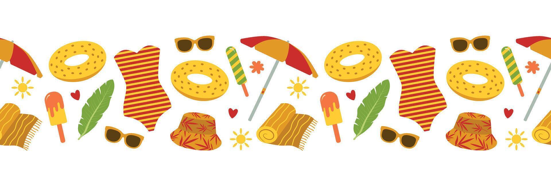 Summer seamless border. Beach holiday accessories, swimsuit, beach umbrella, towel, ice cream, sunglasses, hat. illustration for packaging, background, print vector