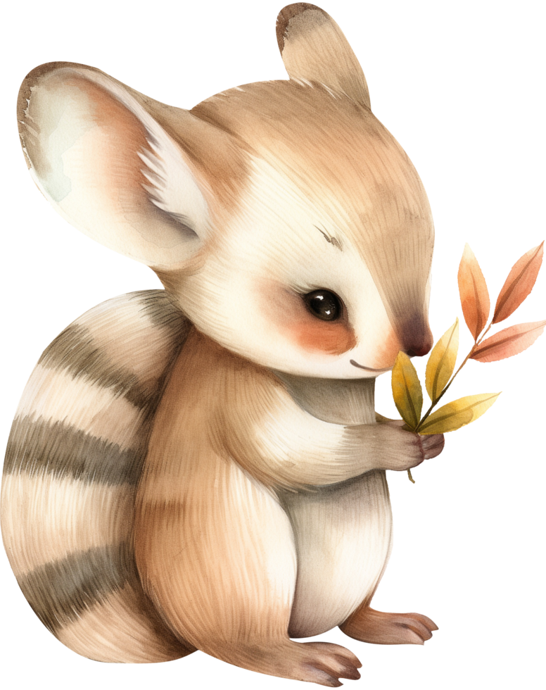 Cute Numbat and Leaves watercolor png
