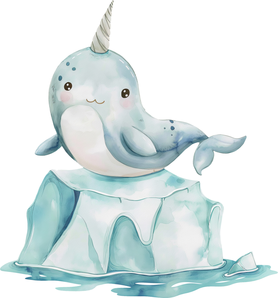 Cute Narwhal on Iceberg watercolor png