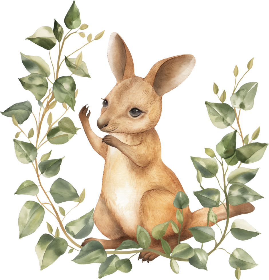 Cute Wallaby and Vines watercolor png