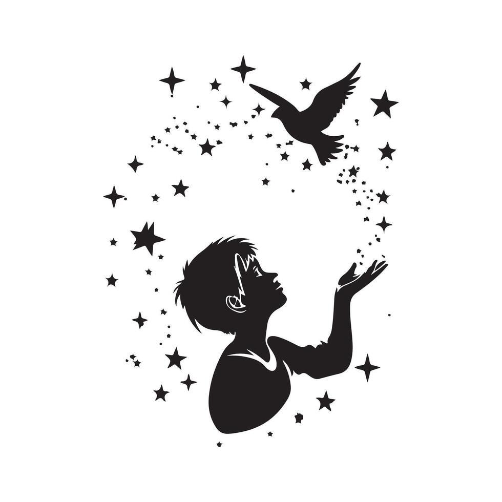 silhouette of a boy releasing a bird on the background of stars vector