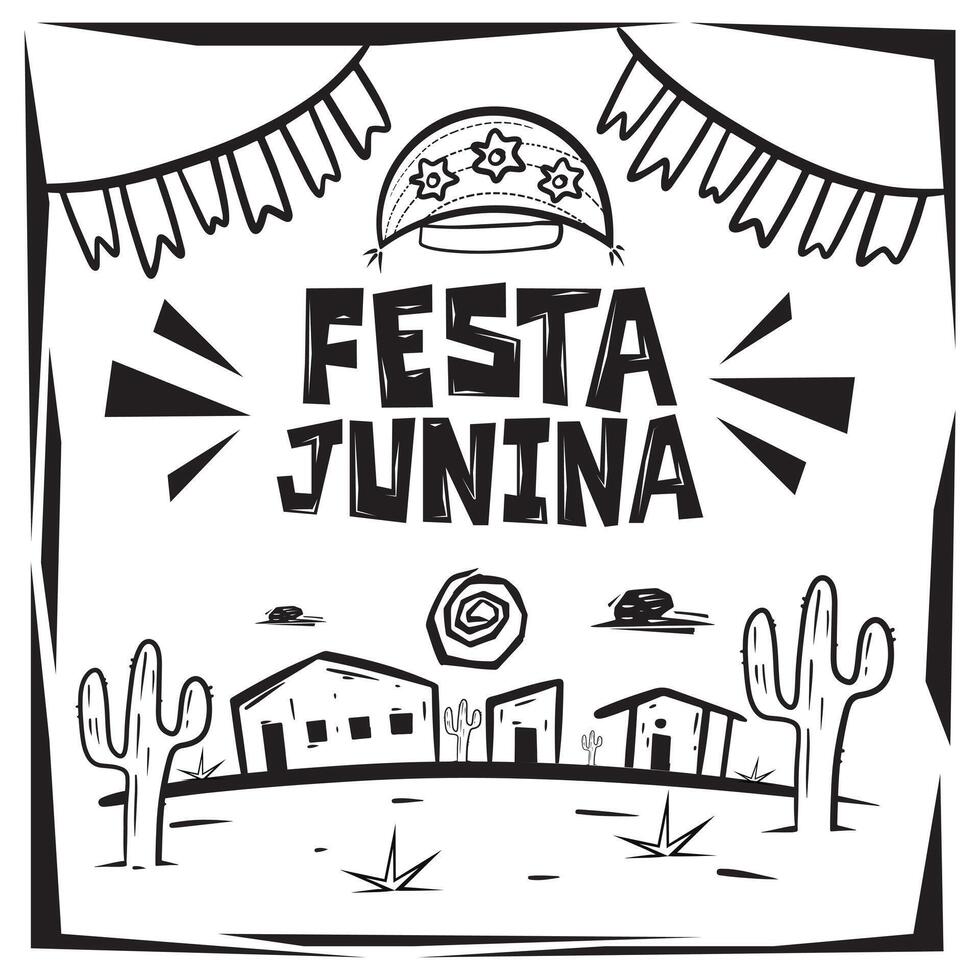 Festa Junina. Brazilian June Festival. Sign with hat on top and scenery below vector