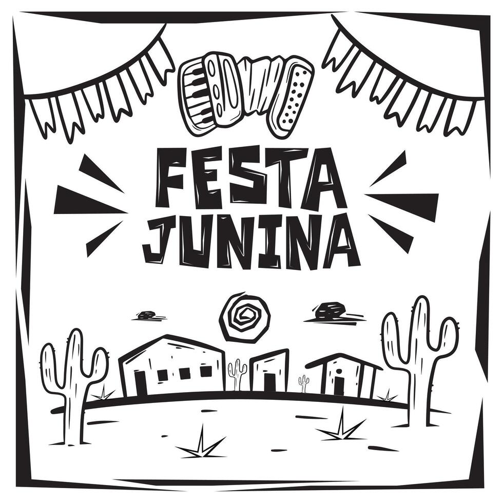 Brazilian June Festival. Sign with accordion on top and scenery below. Vectorized cordel style graphic elements vector