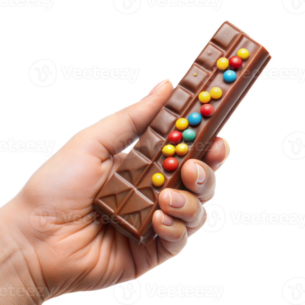 A hand holding a chocolate bar with colorful sprinkles on it png