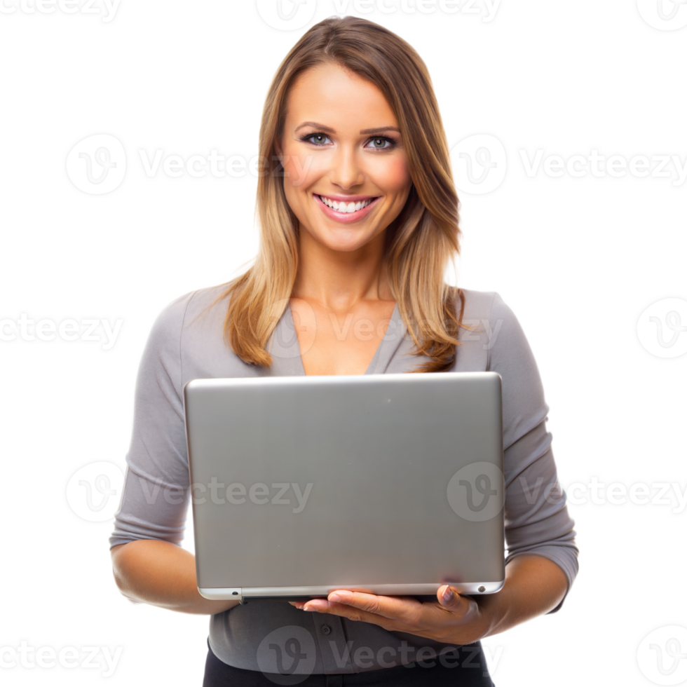 A woman is holding a laptop and smiling png