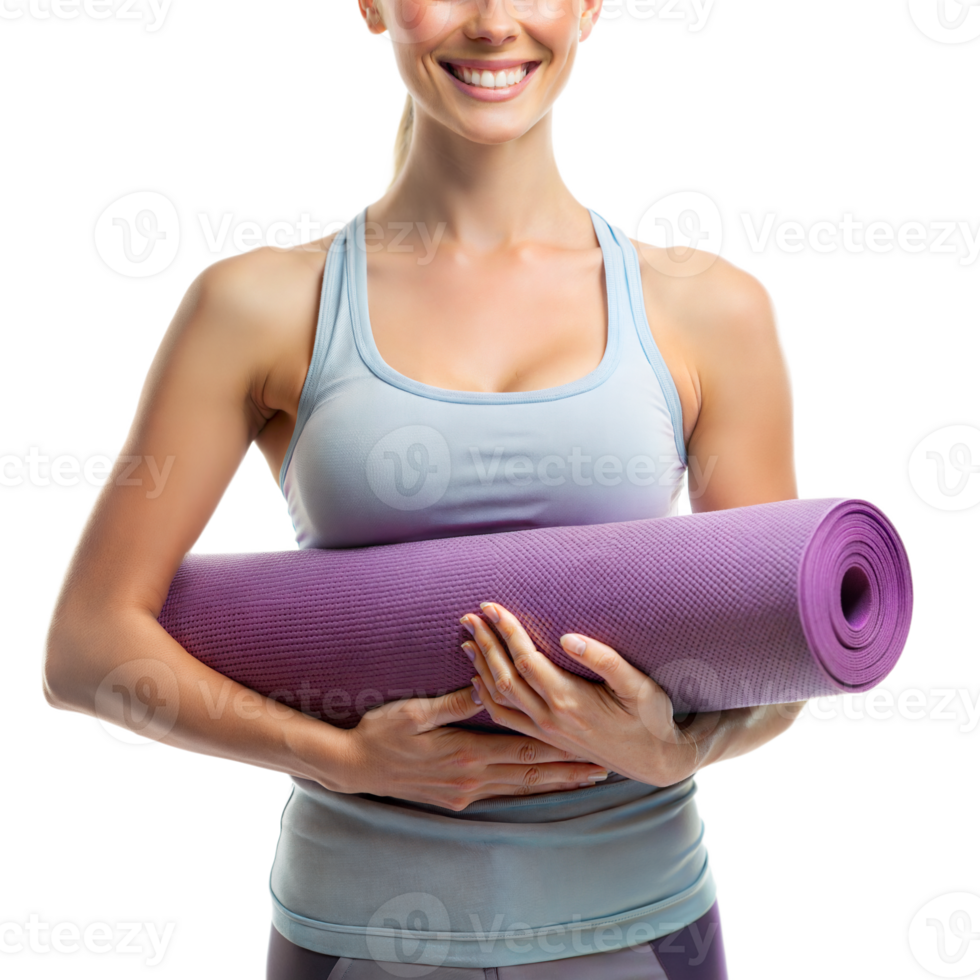 A woman is holding a purple yoga mat png