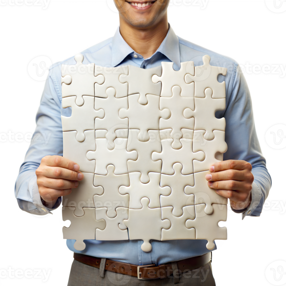 A man is holding a puzzle with a smile on his face png