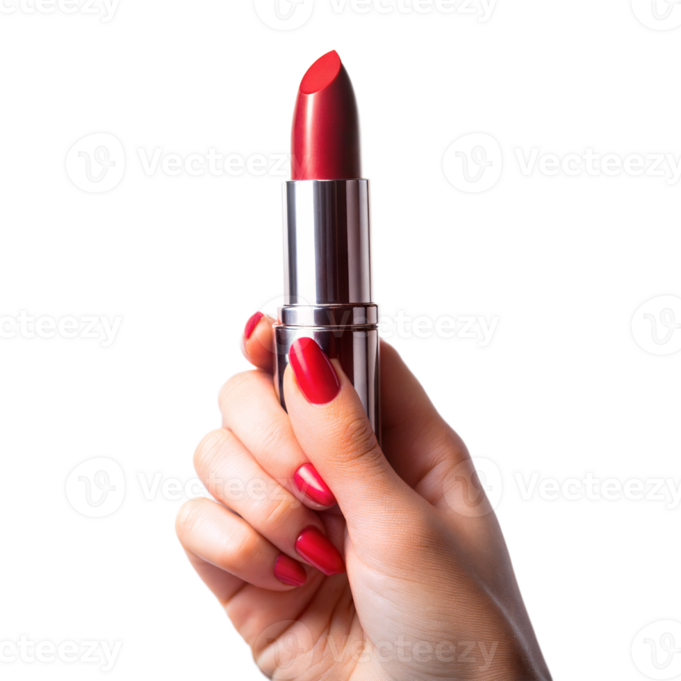 A woman is holding a red lipstick in her hand png