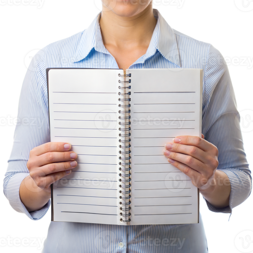 A woman is holding a spiral bound notebook open to a blank page png