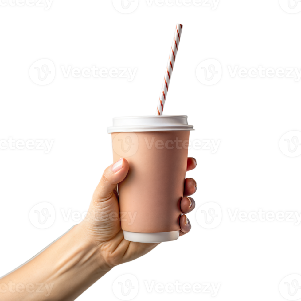 A hand holding a cup with a straw in it png