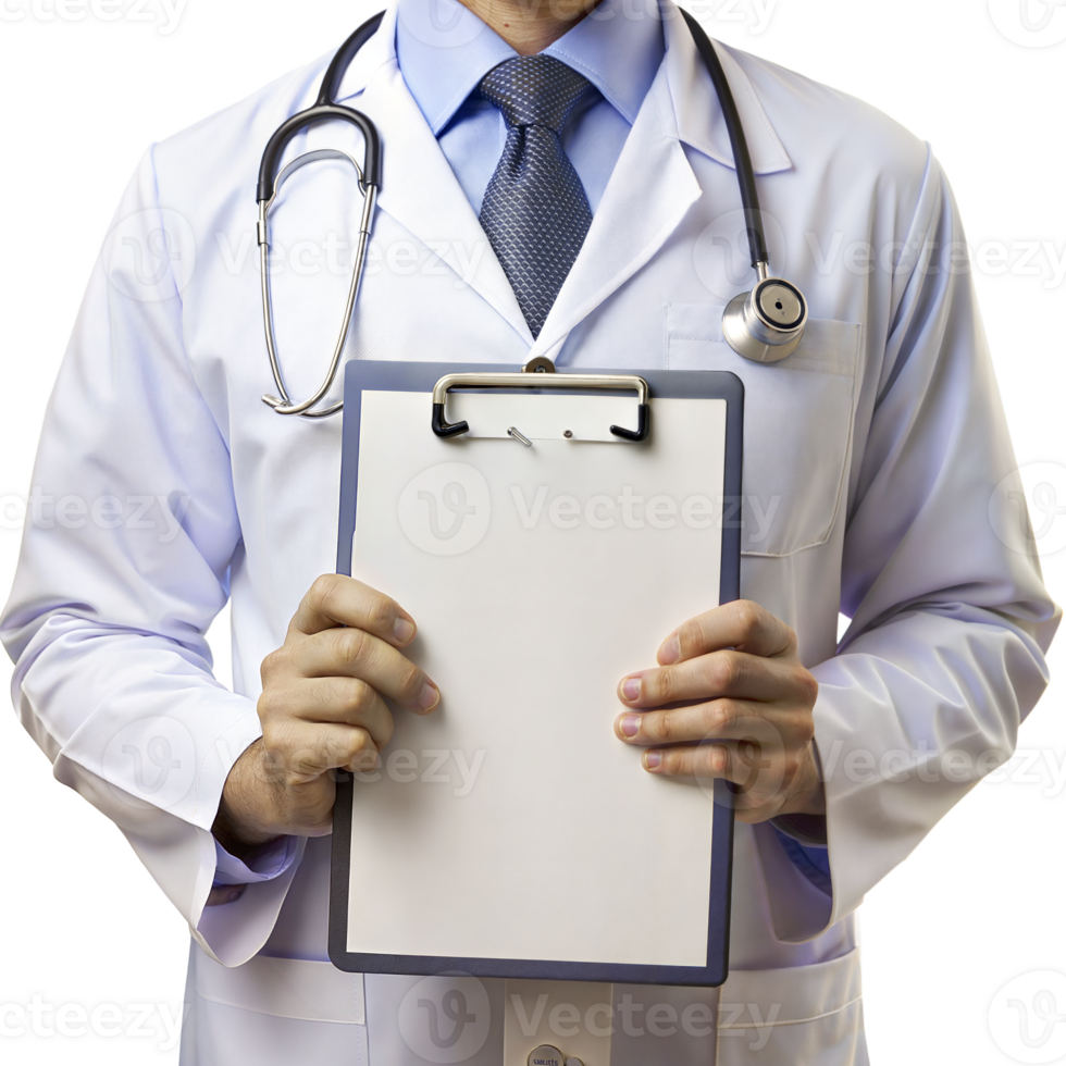 A doctor holding a clipboard with a white page png