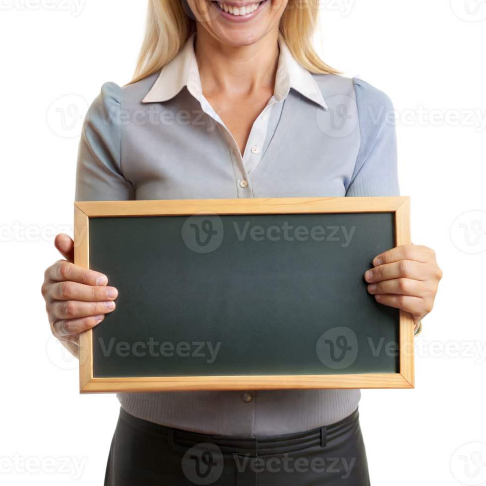 A woman is holding a blackboard with a smile on her face png