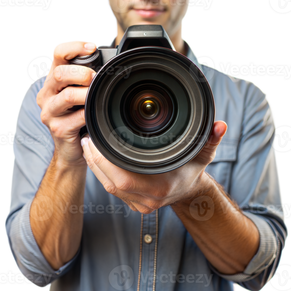 A man is holding a camera with a lens in his hand png