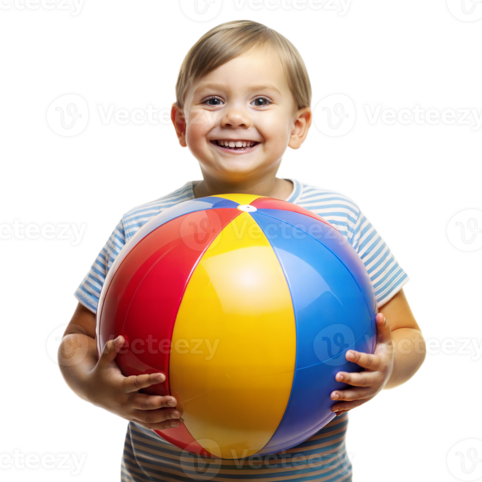 A young child is holding a colorful beach ball png