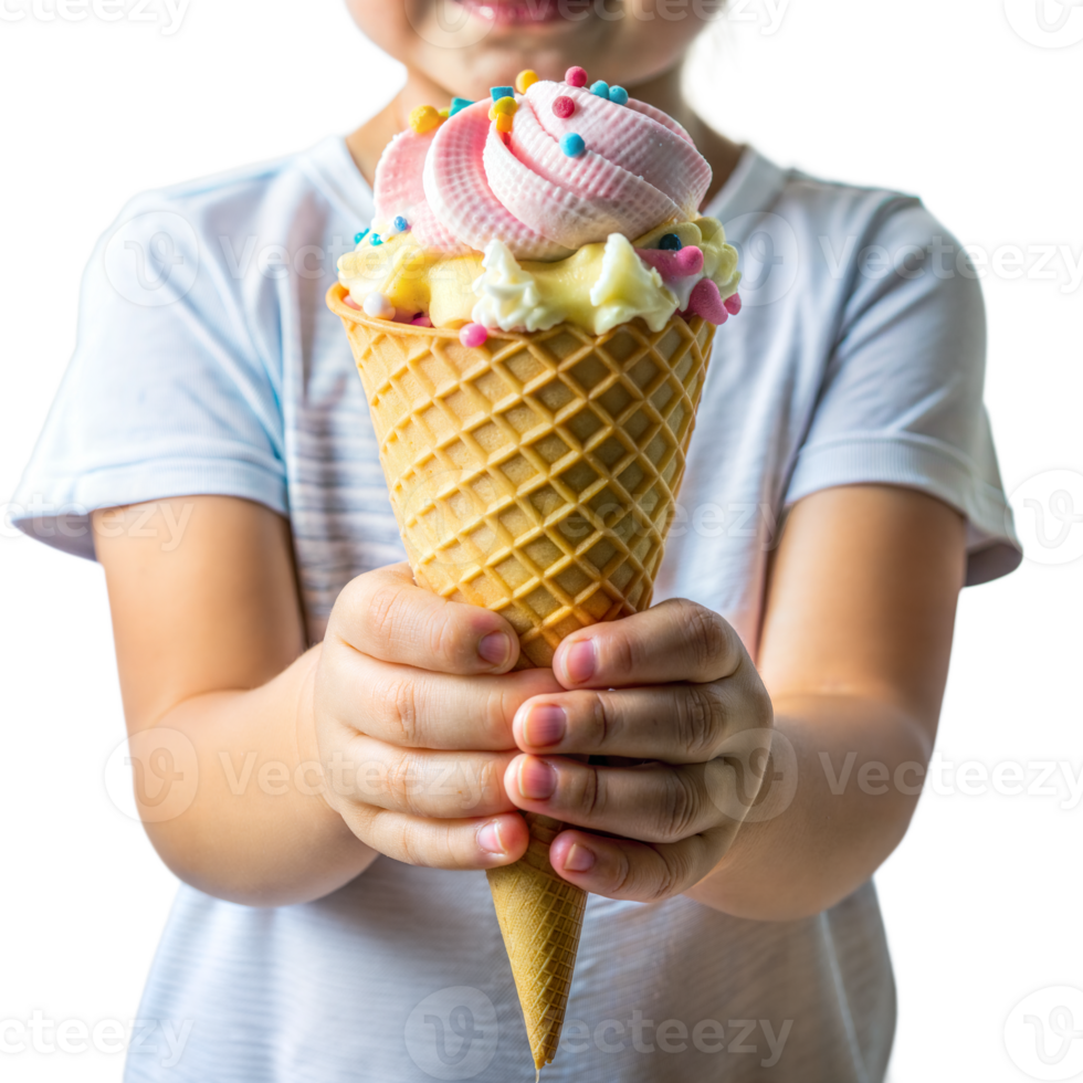 A young girl is holding an ice cream cone with a pink and white swirl png